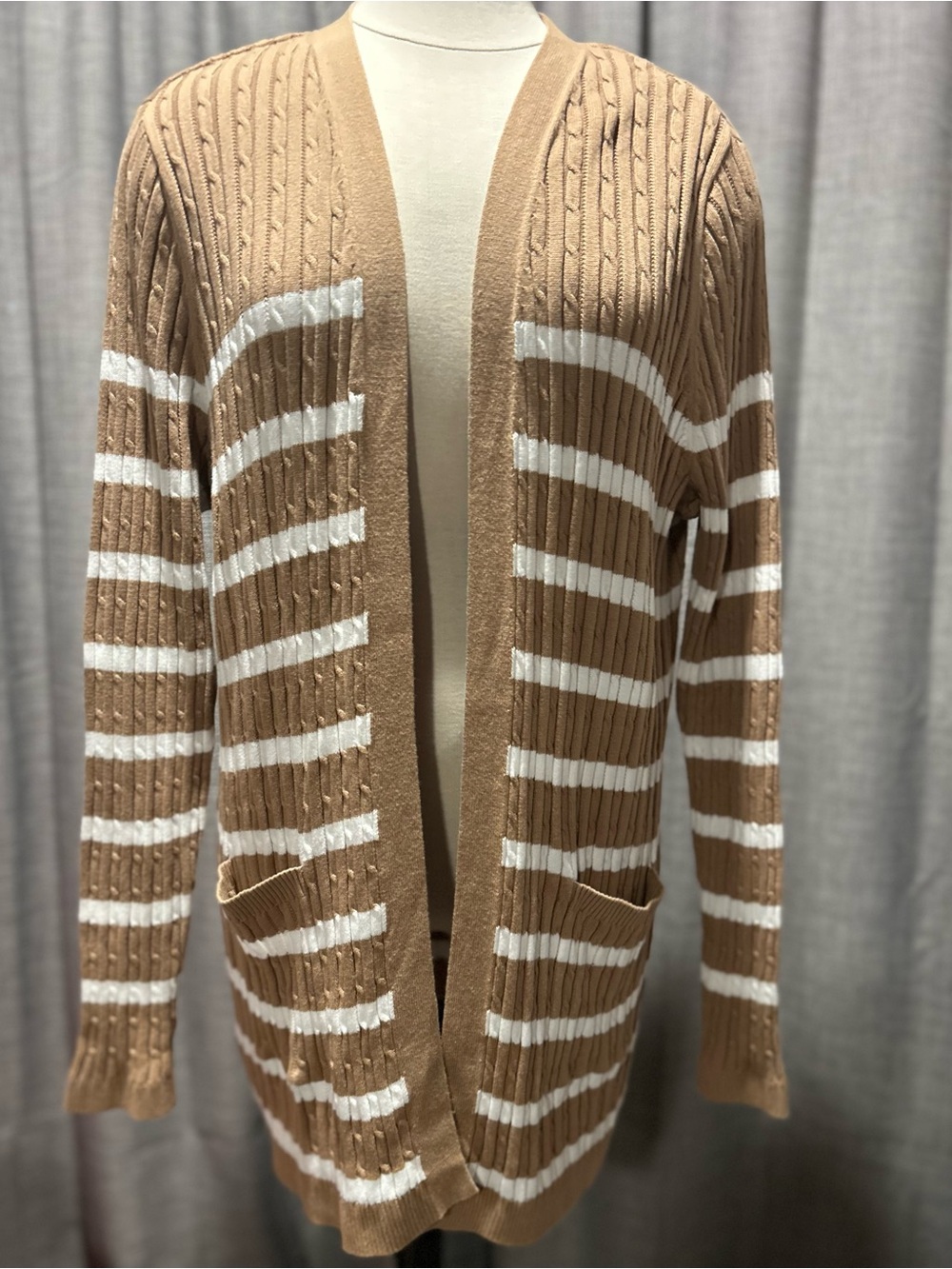 Kim Rogers Camel and White Striped Open-Front Cardigan